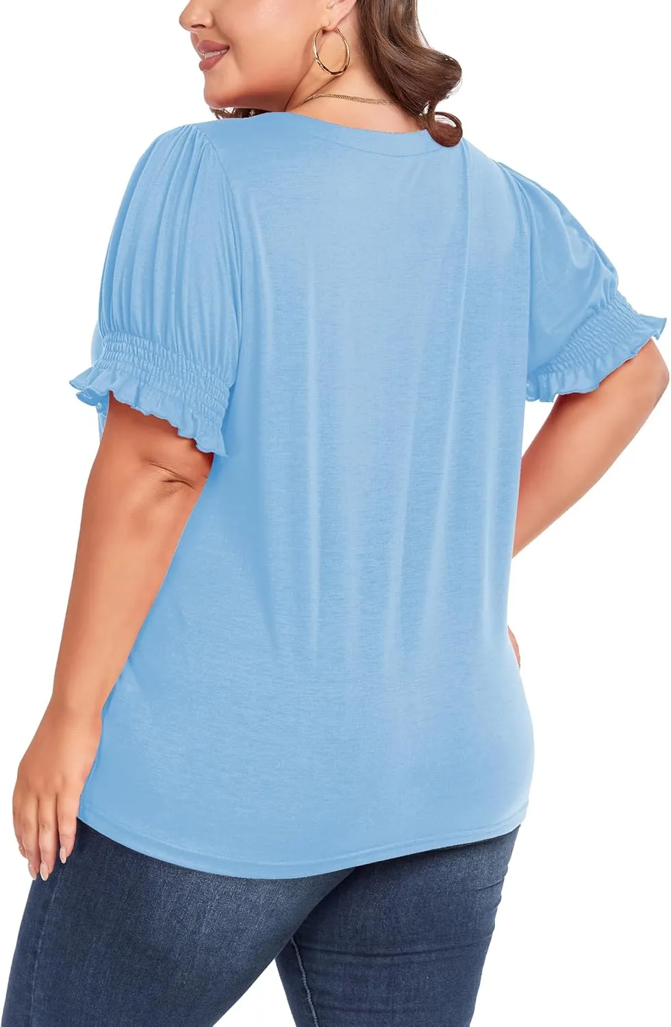 Women's Plus Size Tops Square Neck Blouses Short Sleeve T Shirts Casual Ruffle Trim Sleeve Tunic Tops