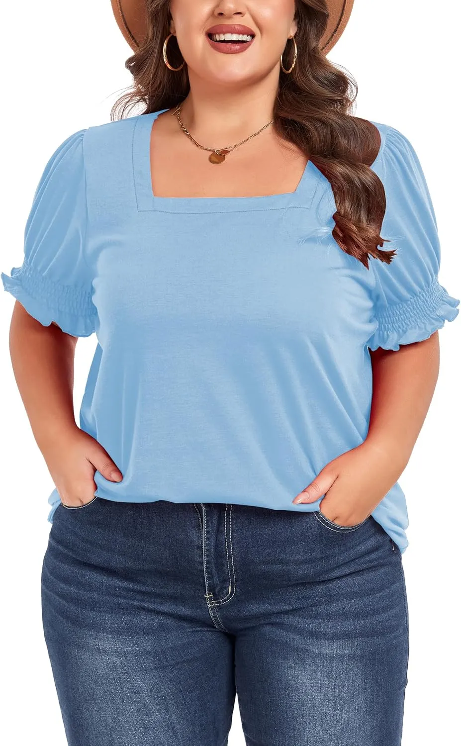 Women's Plus Size Tops Square Neck Blouses Short Sleeve T Shirts Casual Ruffle Trim Sleeve Tunic Tops