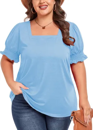 Women's Plus Size Tops Square Neck Blouses Short Sleeve T Shirts Casual Ruffle Trim Sleeve Tunic Tops