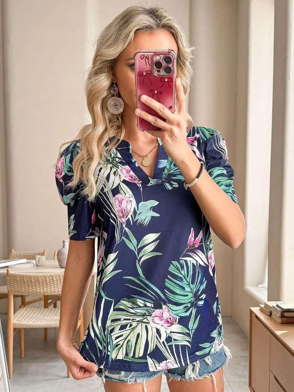 Womens Puff Shirt Sleeve Hawaiian Shirts V Neck Casual Floral Blouses T-Shirt