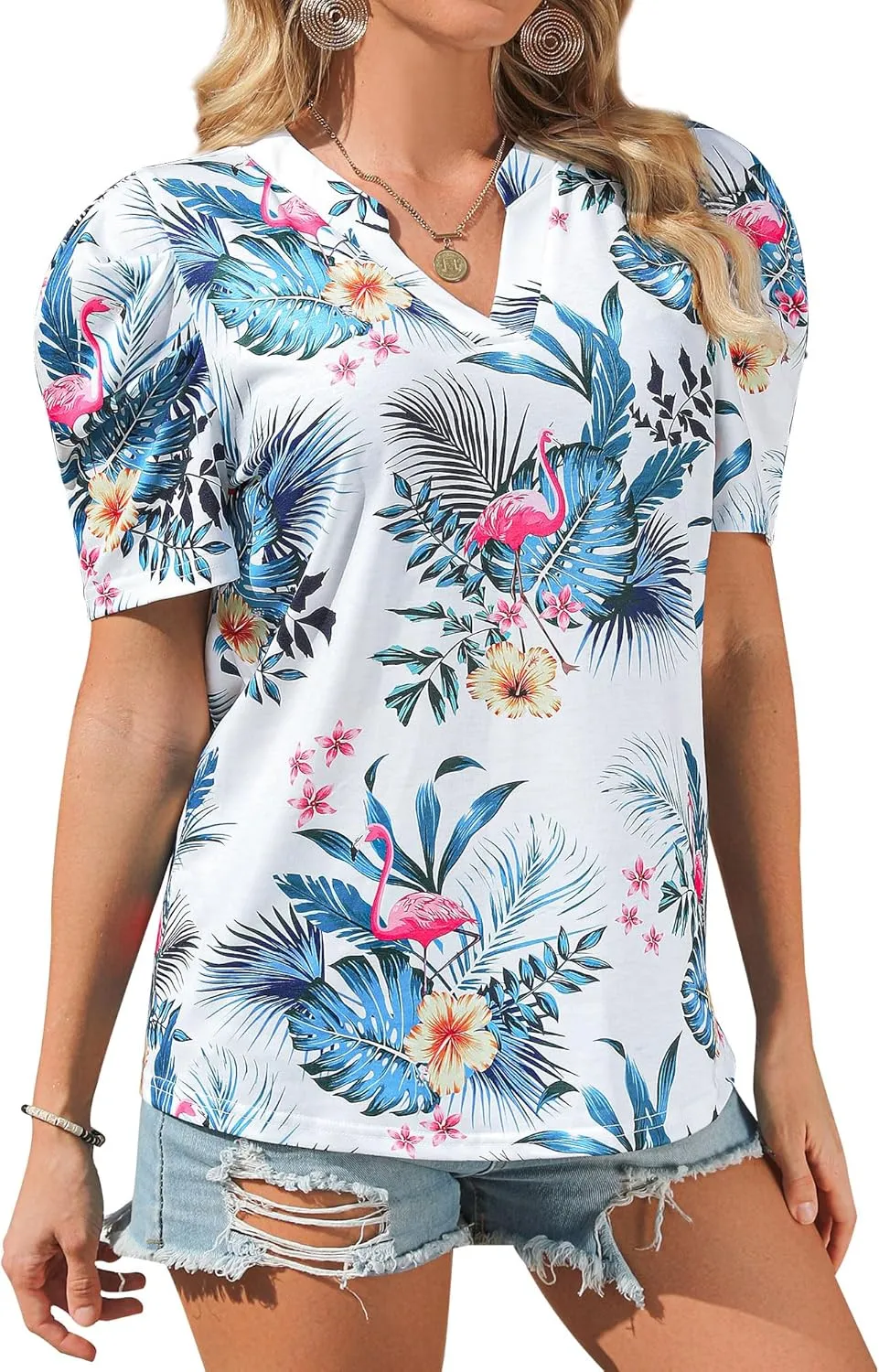 Womens Puff Shirt Sleeve Hawaiian Shirts V Neck Casual Floral Blouses T-Shirt