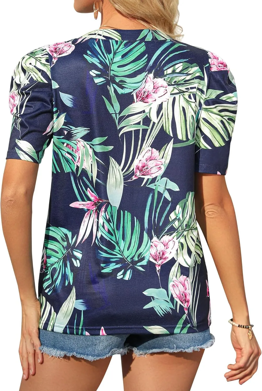 Womens Puff Shirt Sleeve Hawaiian Shirts V Neck Casual Floral Blouses T-Shirt