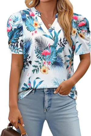Womens Puff Shirt Sleeve Hawaiian Shirts V Neck Casual Floral Blouses T-Shirt