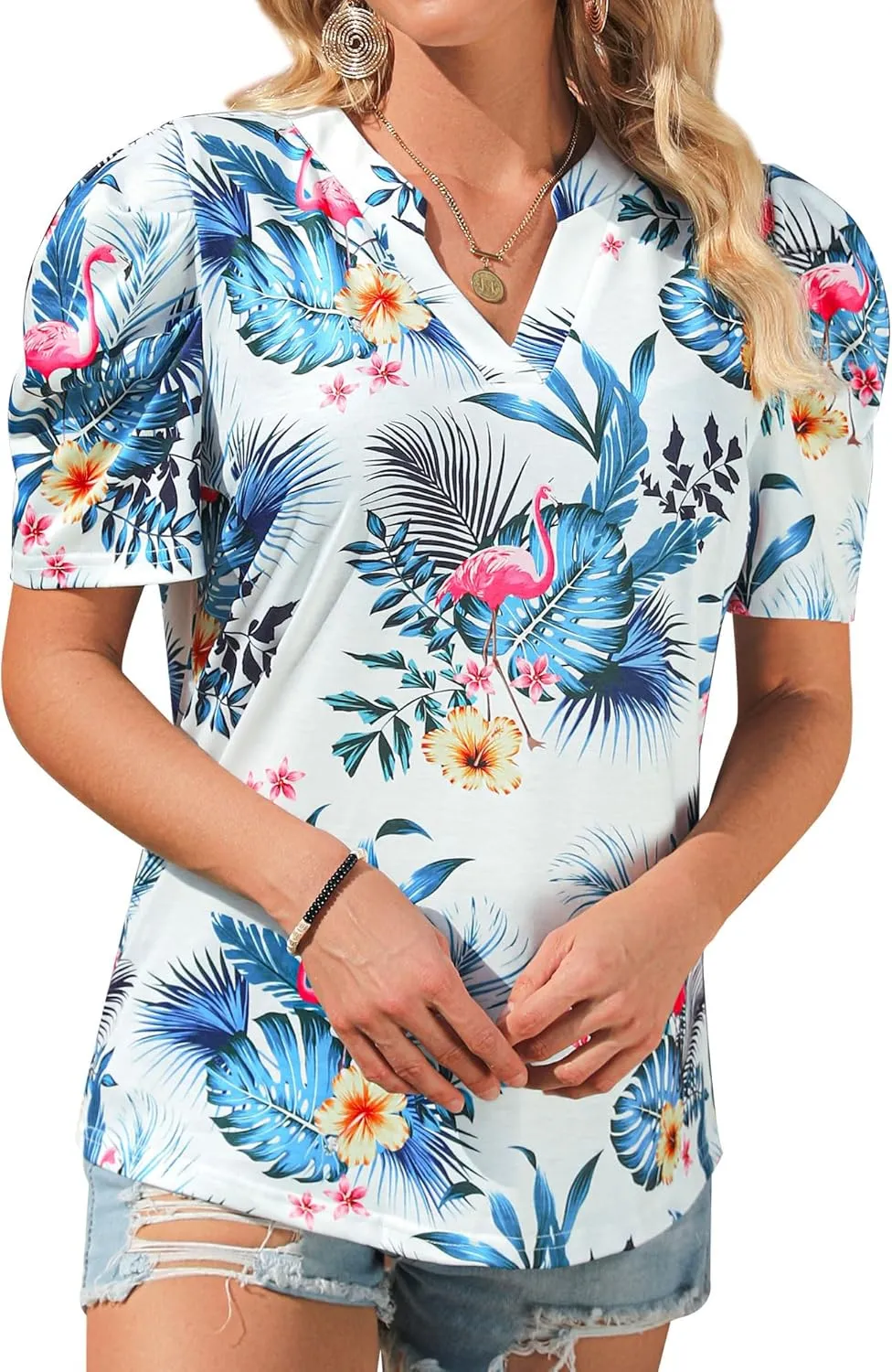 Womens Puff Shirt Sleeve Hawaiian Shirts V Neck Casual Floral Blouses T-Shirt