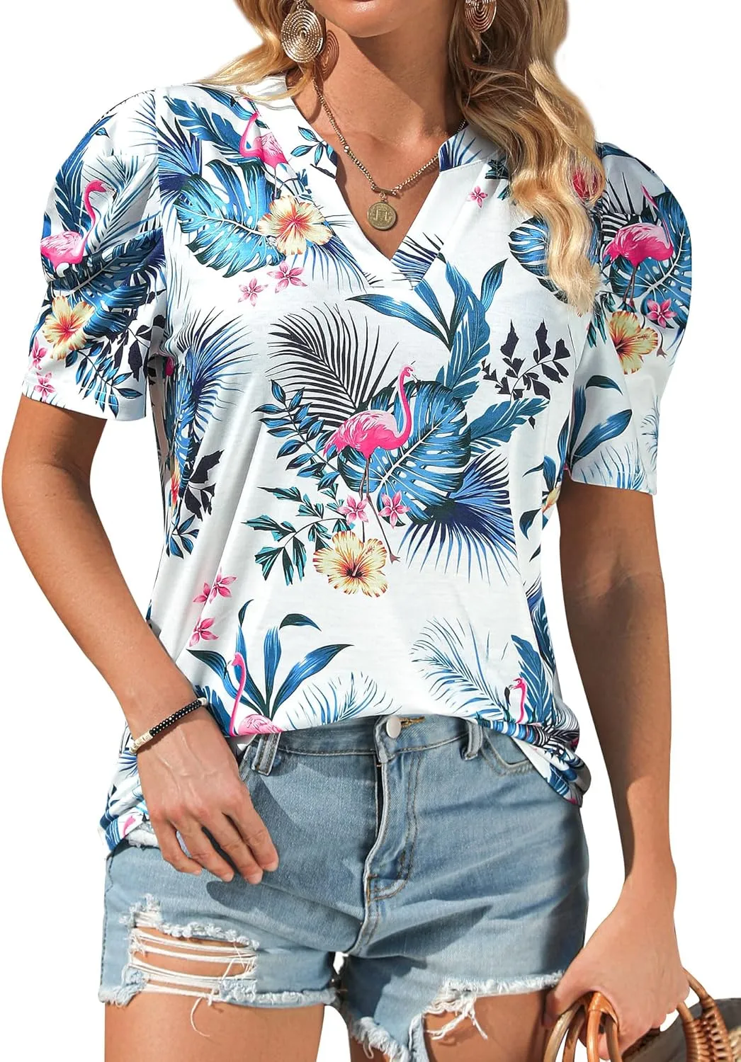 Womens Puff Shirt Sleeve Hawaiian Shirts V Neck Casual Floral Blouses T-Shirt