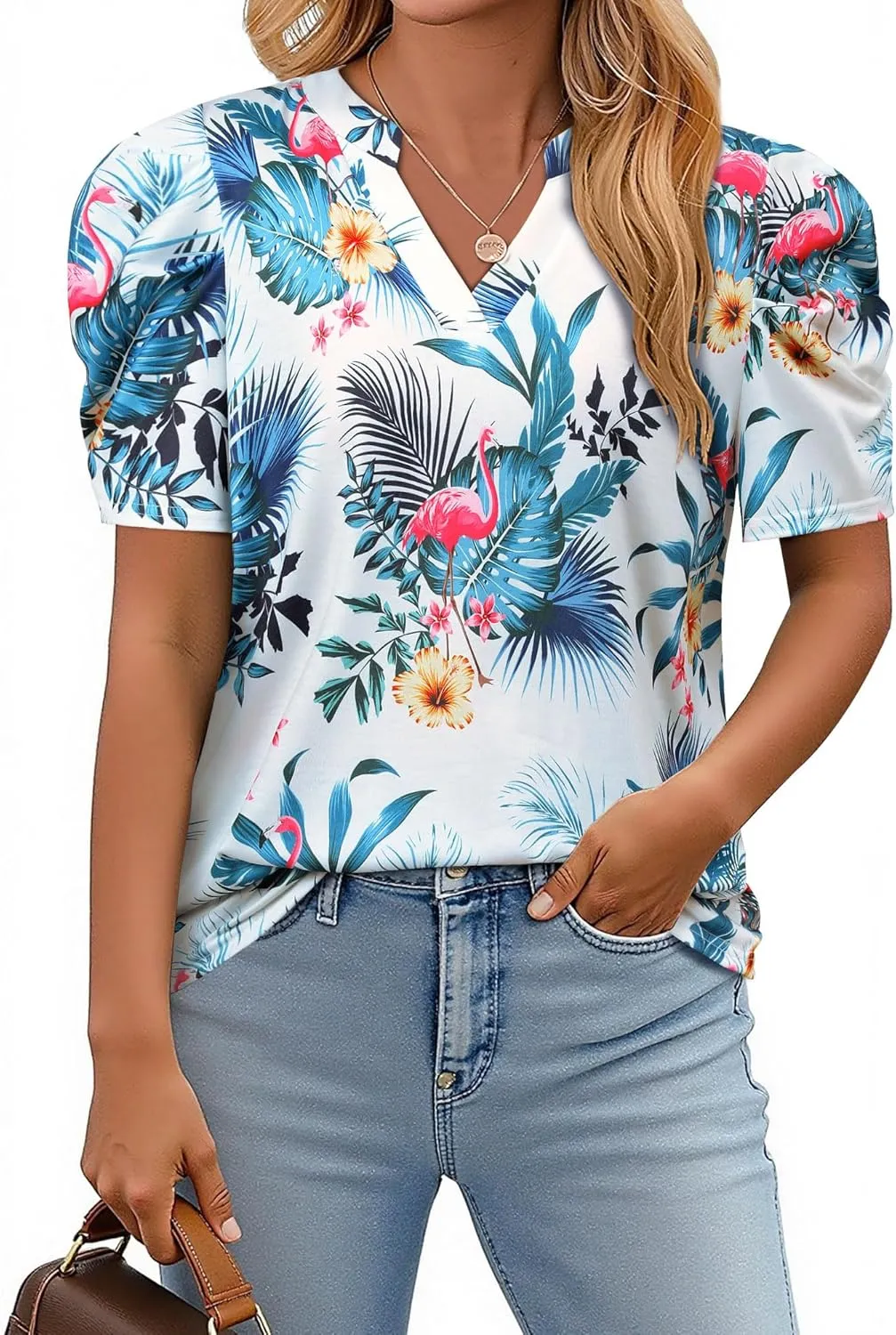 Womens Puff Shirt Sleeve Hawaiian Shirts V Neck Casual Floral Blouses T-Shirt