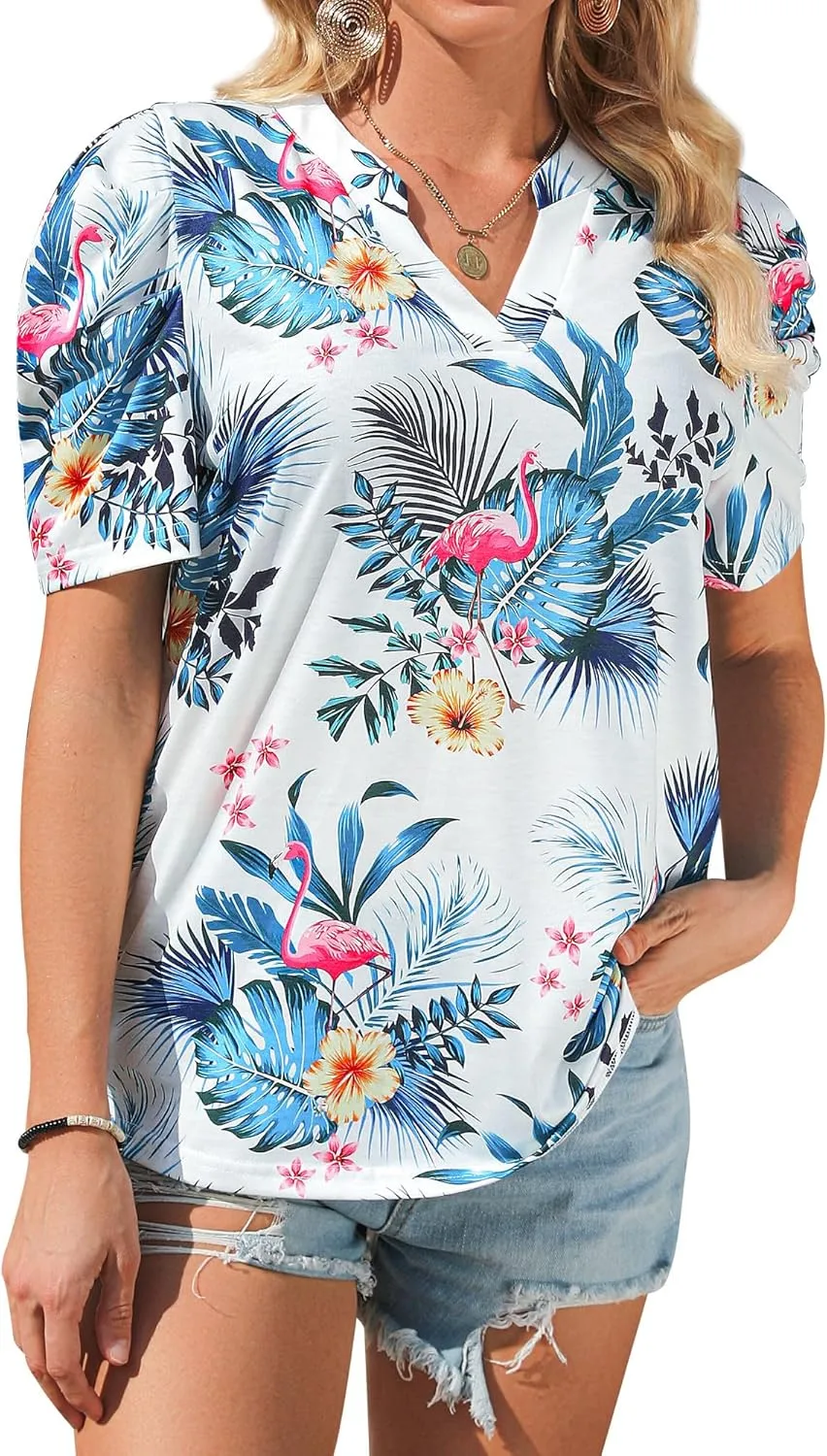 Womens Puff Shirt Sleeve Hawaiian Shirts V Neck Casual Floral Blouses T-Shirt