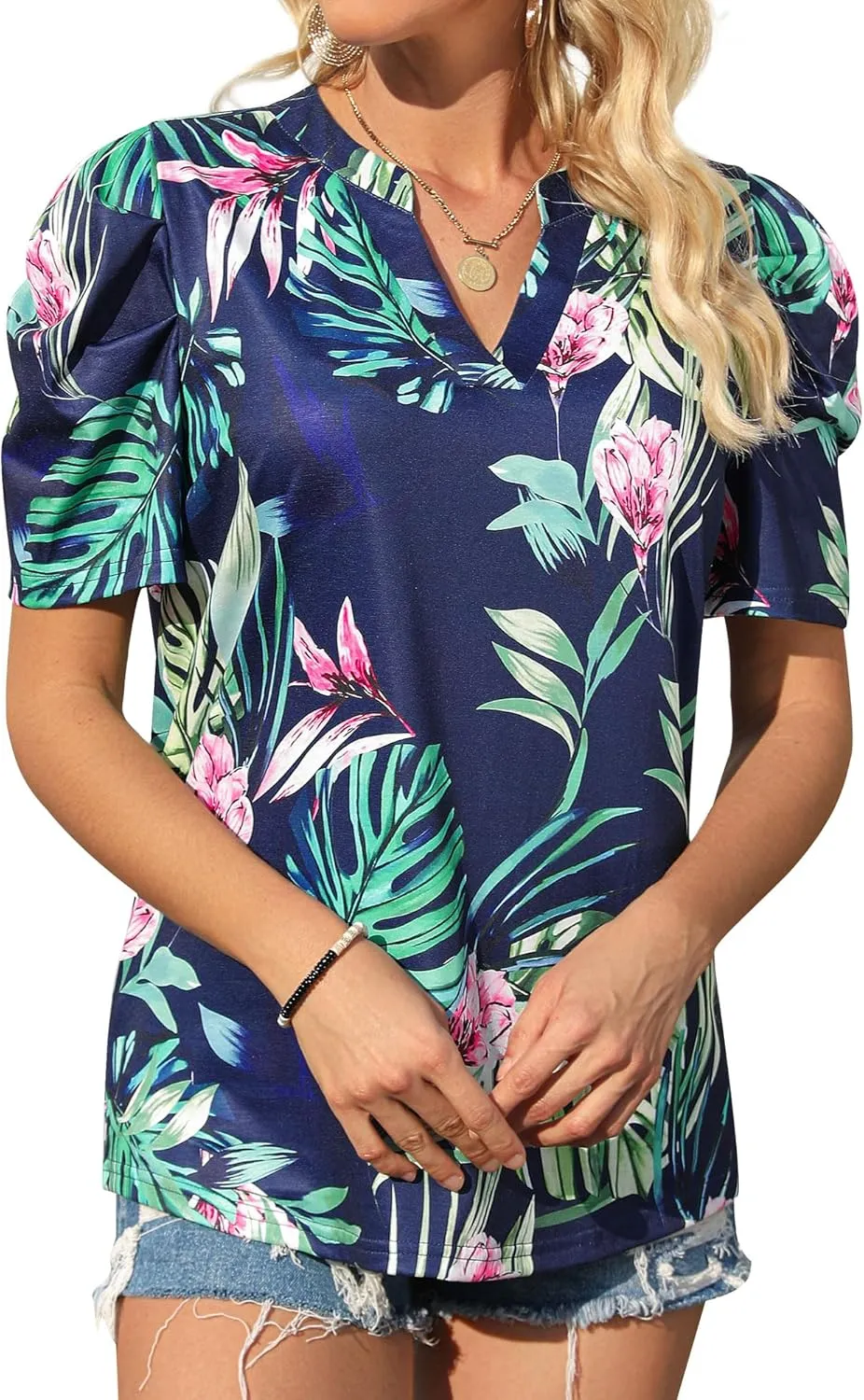 Womens Puff Shirt Sleeve Hawaiian Shirts V Neck Casual Floral Blouses T-Shirt
