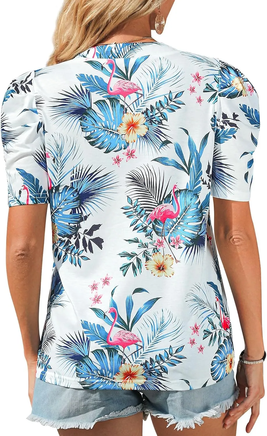 Womens Puff Shirt Sleeve Hawaiian Shirts V Neck Casual Floral Blouses T-Shirt