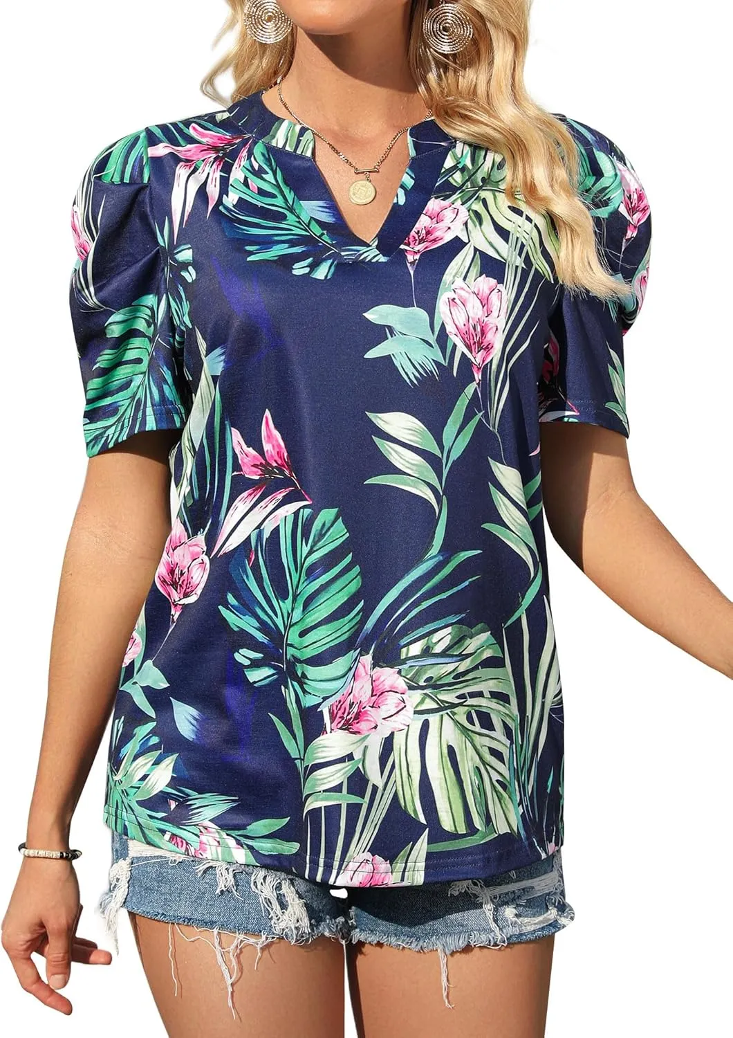 Womens Puff Shirt Sleeve Hawaiian Shirts V Neck Casual Floral Blouses T-Shirt