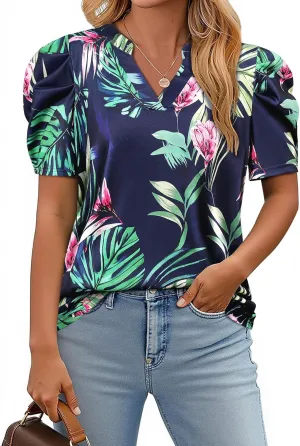 Womens Puff Shirt Sleeve Hawaiian Shirts V Neck Casual Floral Blouses T-Shirt