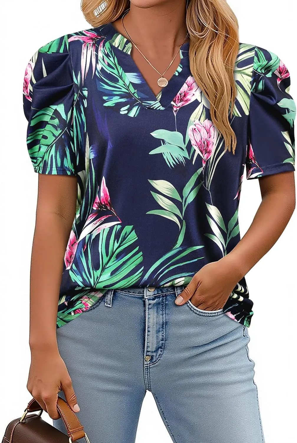 Womens Puff Shirt Sleeve Hawaiian Shirts V Neck Casual Floral Blouses T-Shirt