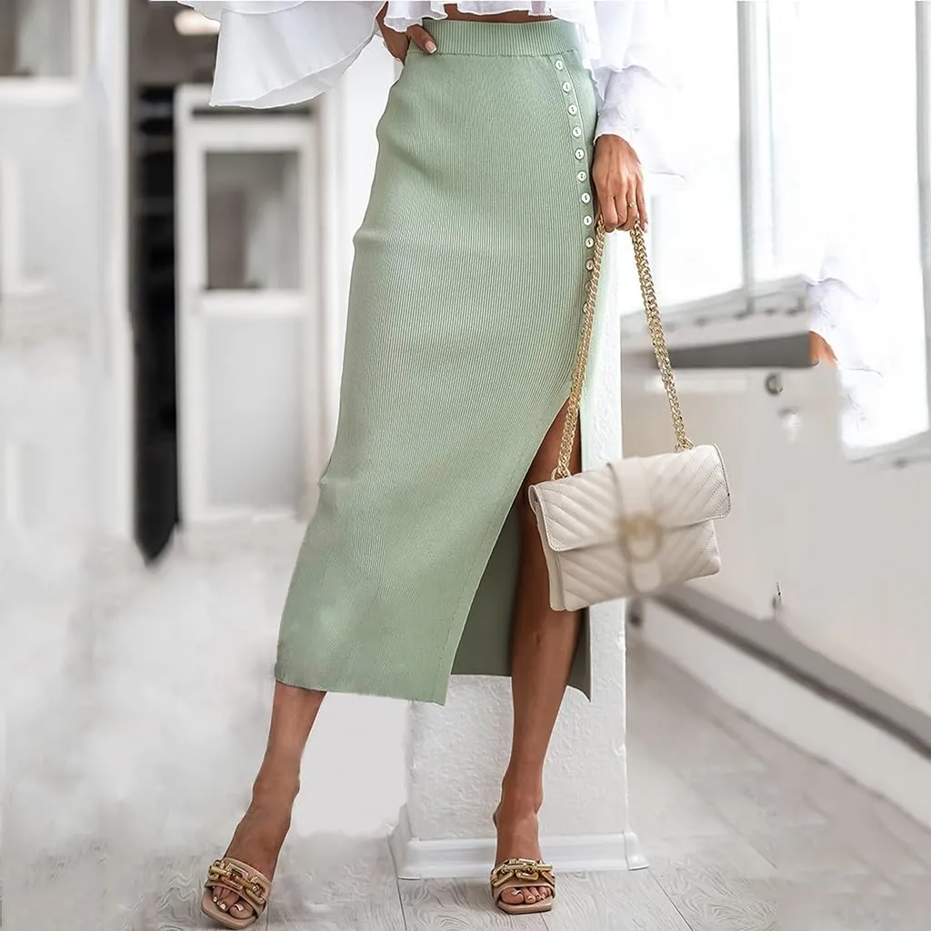 Women's Ribbed Knit Split Stretchy Pencil Bodycon Midi Skirt Elegant Slim High Waist Long Maxi Skirt