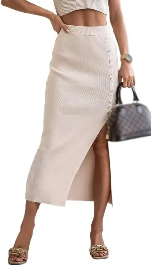 Women's Ribbed Knit Split Stretchy Pencil Bodycon Midi Skirt Elegant Slim High Waist Long Maxi Skirt
