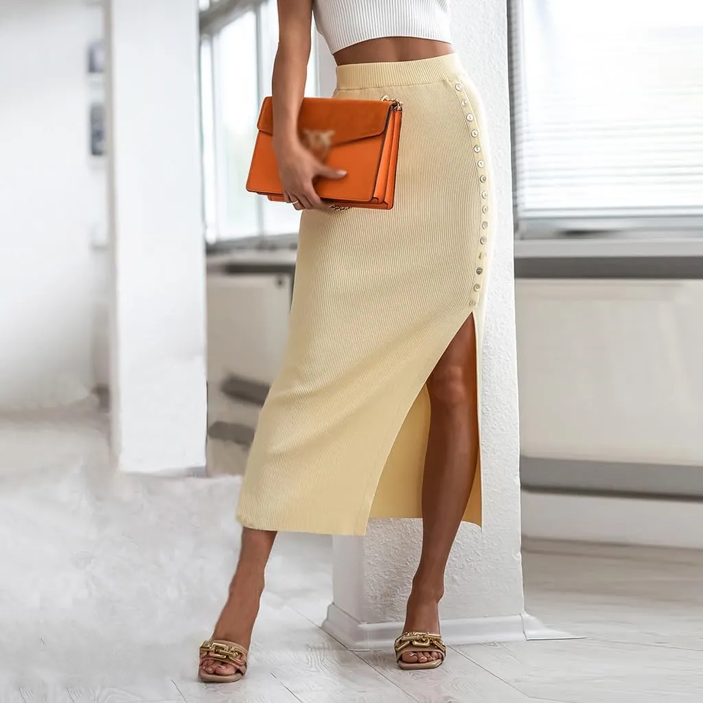 Women's Ribbed Knit Split Stretchy Pencil Bodycon Midi Skirt Elegant Slim High Waist Long Maxi Skirt