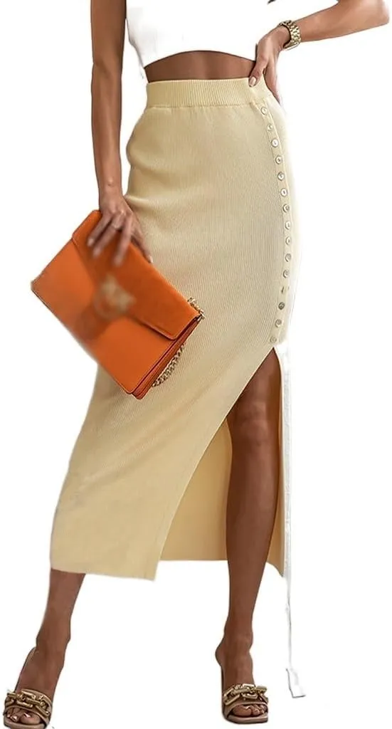 Women's Ribbed Knit Split Stretchy Pencil Bodycon Midi Skirt Elegant Slim High Waist Long Maxi Skirt