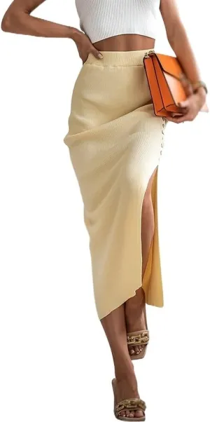 Women's Ribbed Knit Split Stretchy Pencil Bodycon Midi Skirt Elegant Slim High Waist Long Maxi Skirt