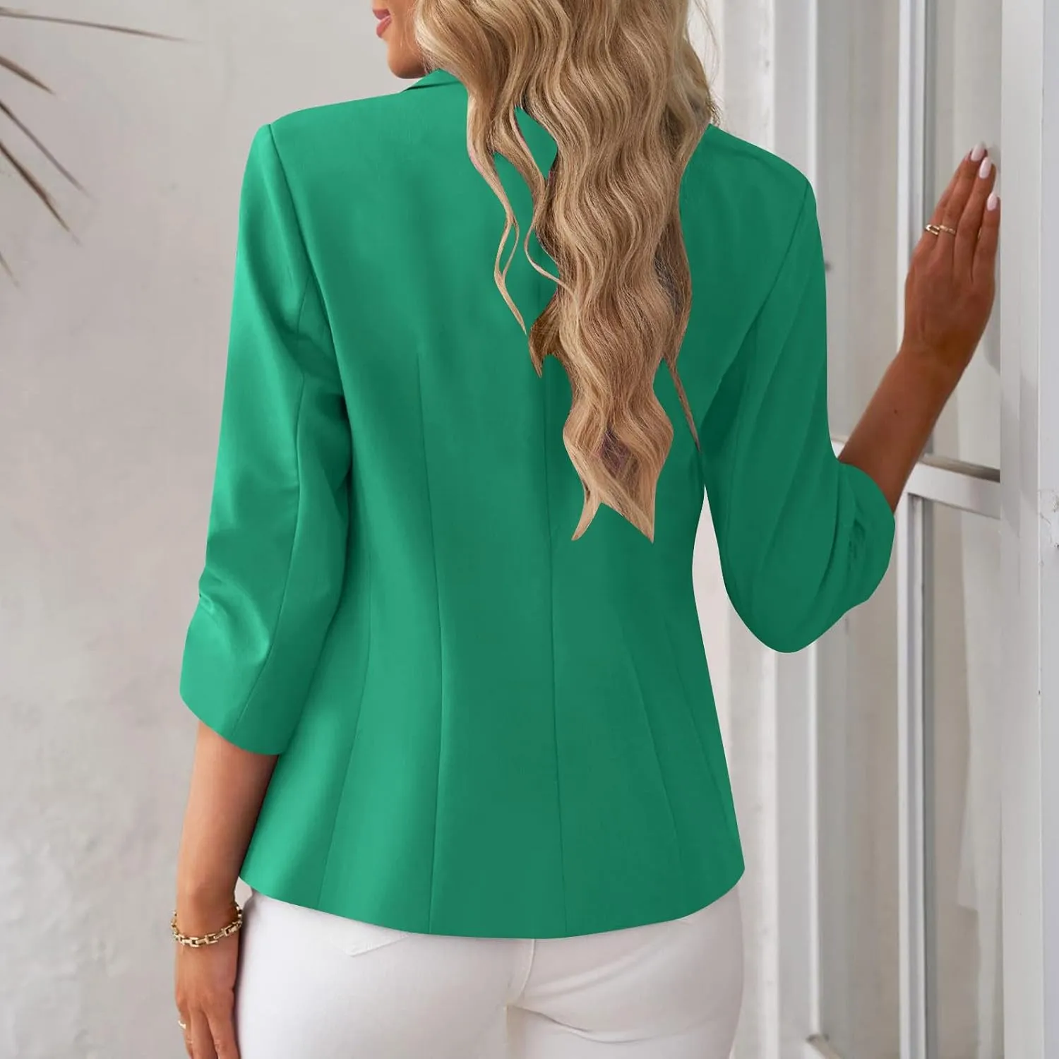 Women's Ruched 3/4 Sleeve Blazers Lightweight Slim Fit Jackets Lapel Trench Coat Work Office Jacket Business Casual