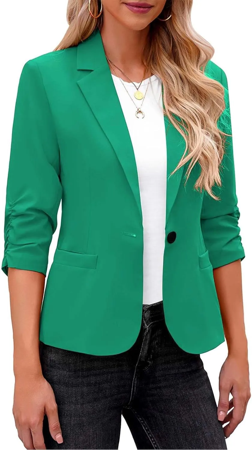 Women's Ruched 3/4 Sleeve Blazers Lightweight Slim Fit Jackets Lapel Trench Coat Work Office Jacket Business Casual