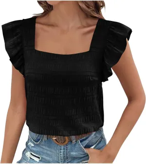 Womens Ruffle Cap Sleeve Tops Petite Crop Square Neck Blouses Dressy Casual Summer Daily T Shirts Going Out Tunic