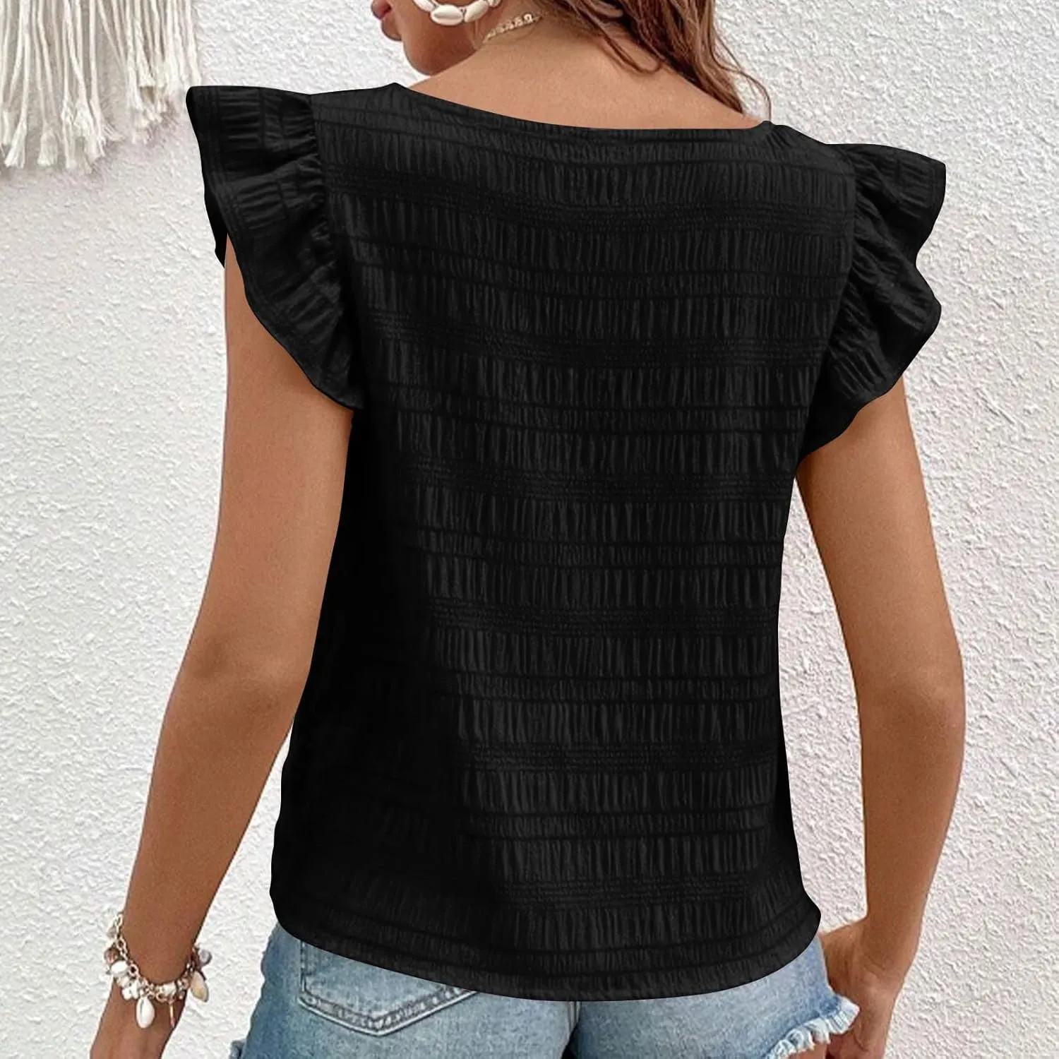 Womens Ruffle Cap Sleeve Tops Petite Crop Square Neck Blouses Dressy Casual Summer Daily T Shirts Going Out Tunic