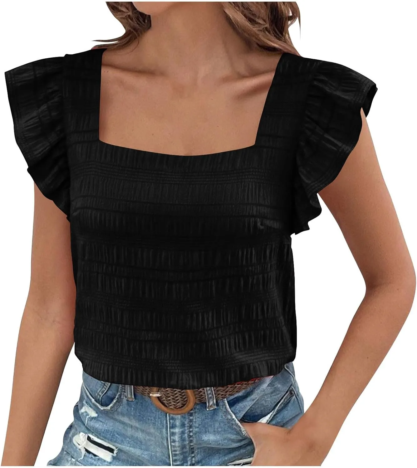 Womens Ruffle Cap Sleeve Tops Petite Crop Square Neck Blouses Dressy Casual Summer Daily T Shirts Going Out Tunic
