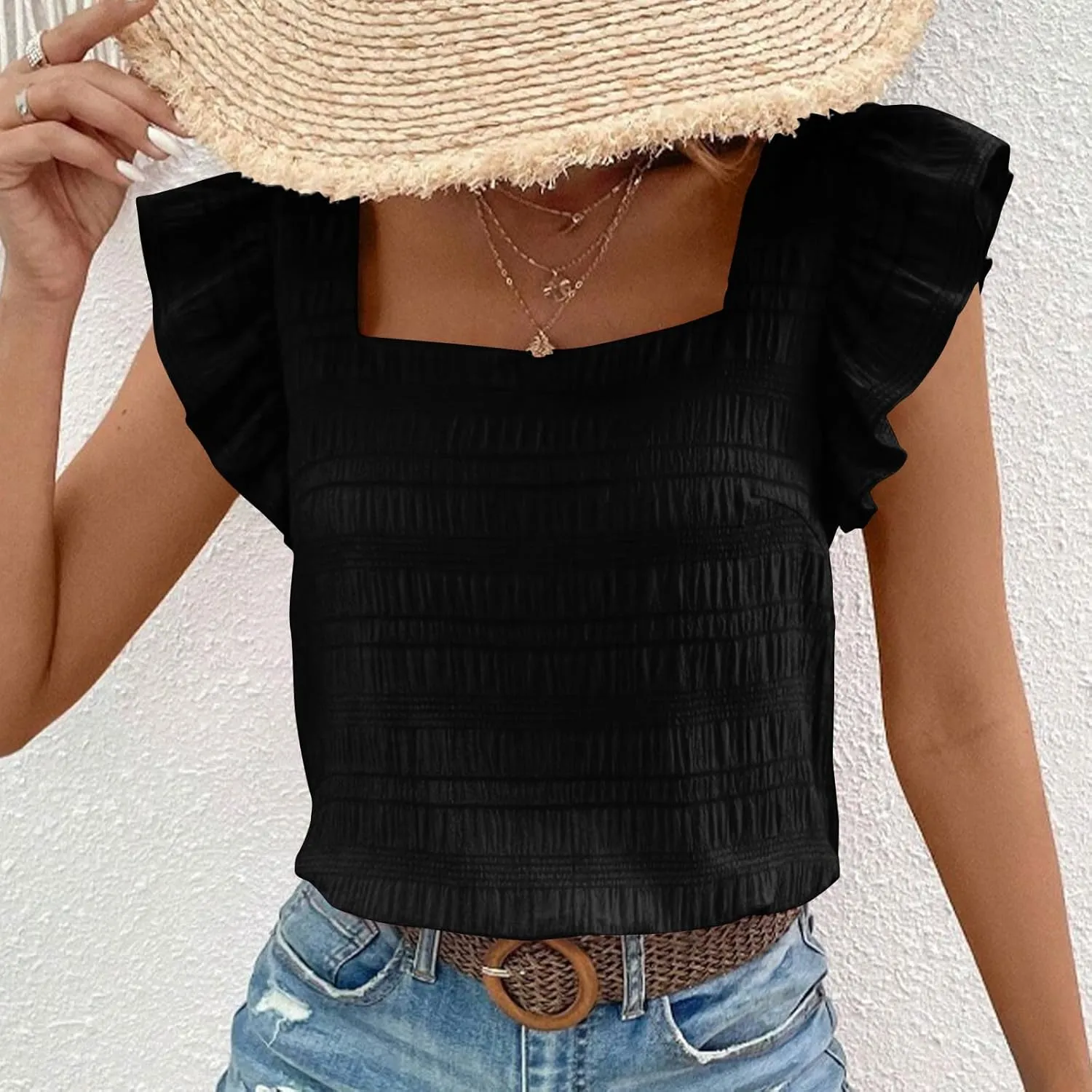 Womens Ruffle Cap Sleeve Tops Petite Crop Square Neck Blouses Dressy Casual Summer Daily T Shirts Going Out Tunic