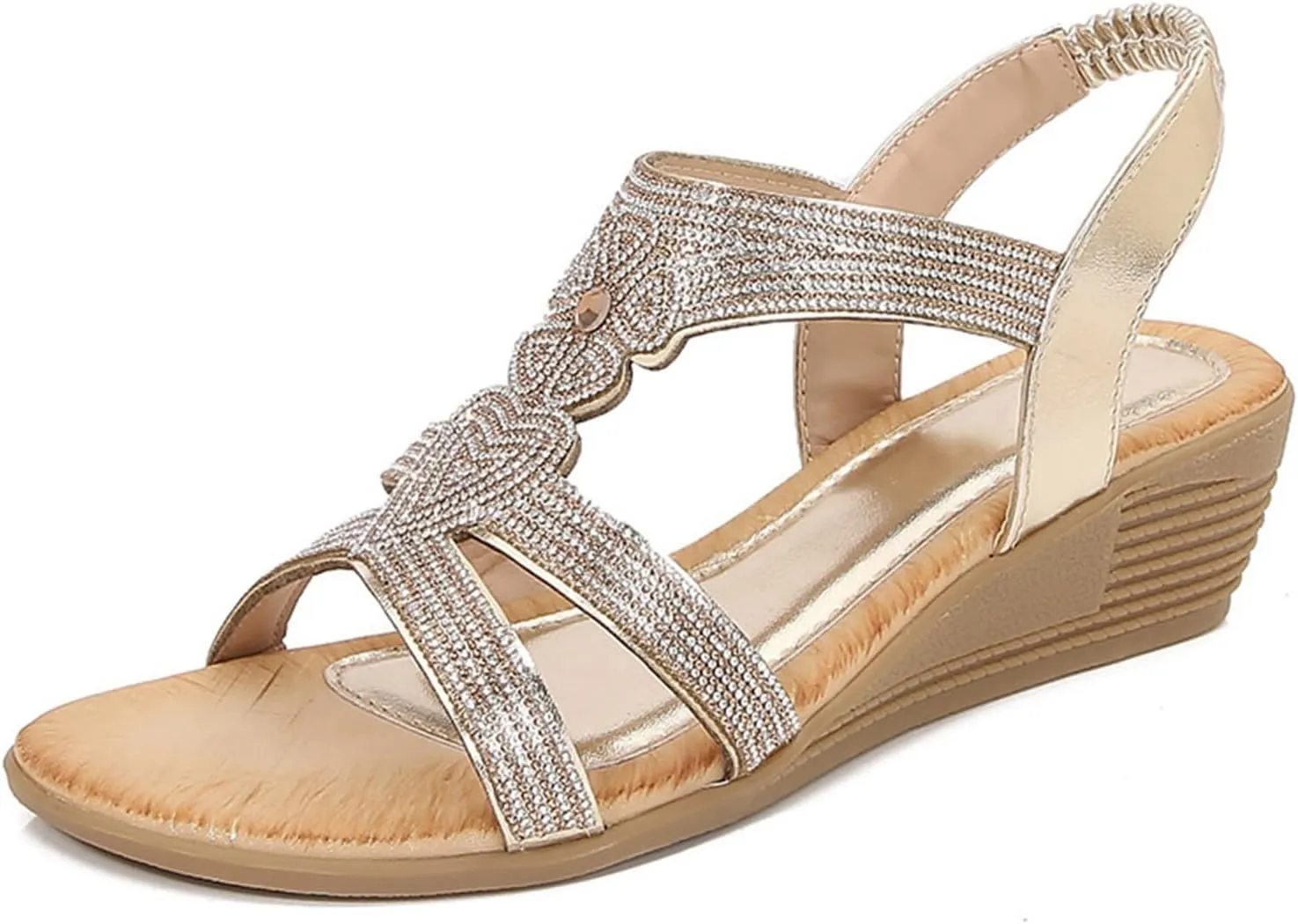 Womens Sandal Bohemia Glitter Love Pattern Flats Open Toe Ankle Strap Beach Sandal Comfortable Summer Dress Shoes