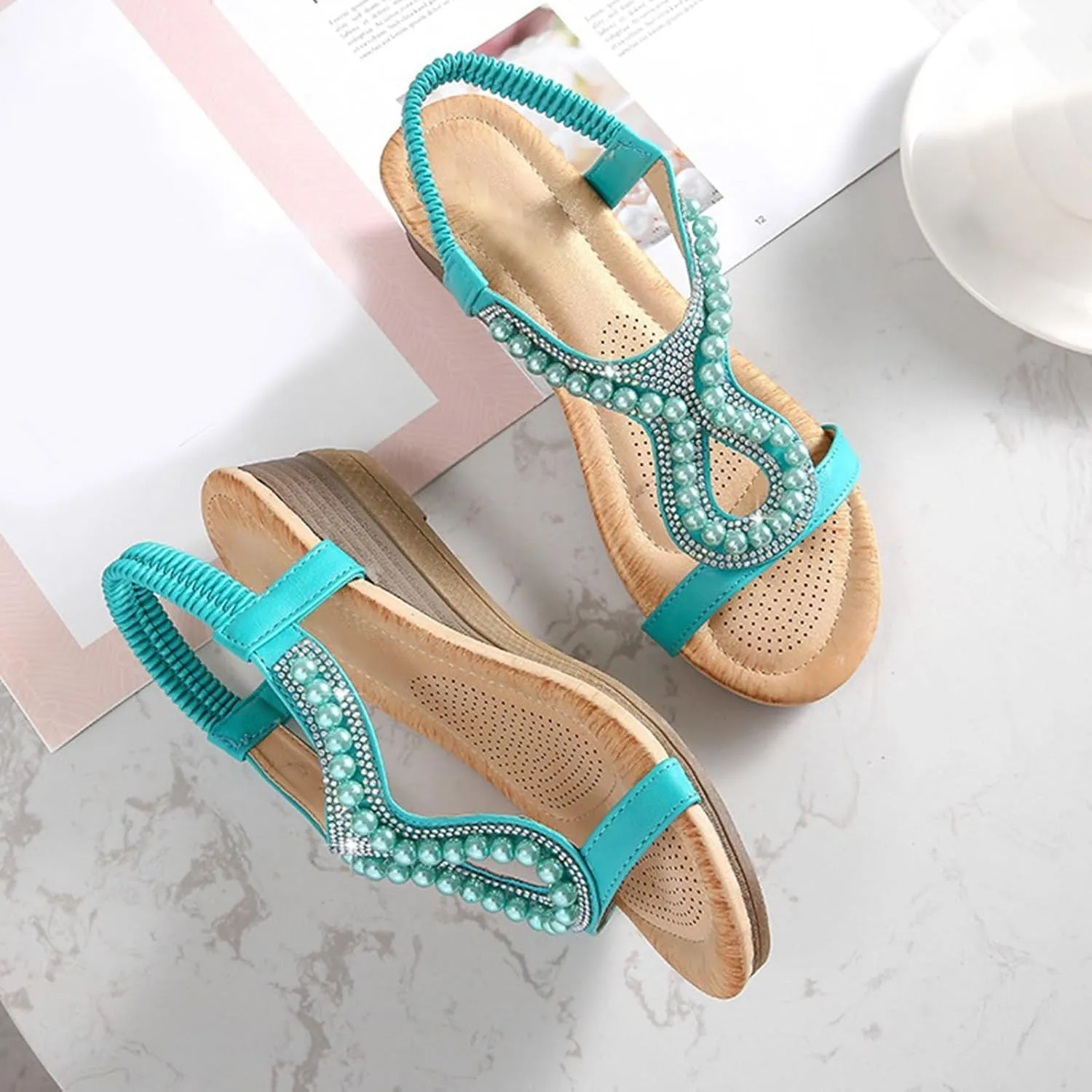 Women's Sandals Summer Pearl Bohemia Wedge Sandals Retro Ethnic Open Toe T-Strap Beach Pumps Slingback Dress Shoes