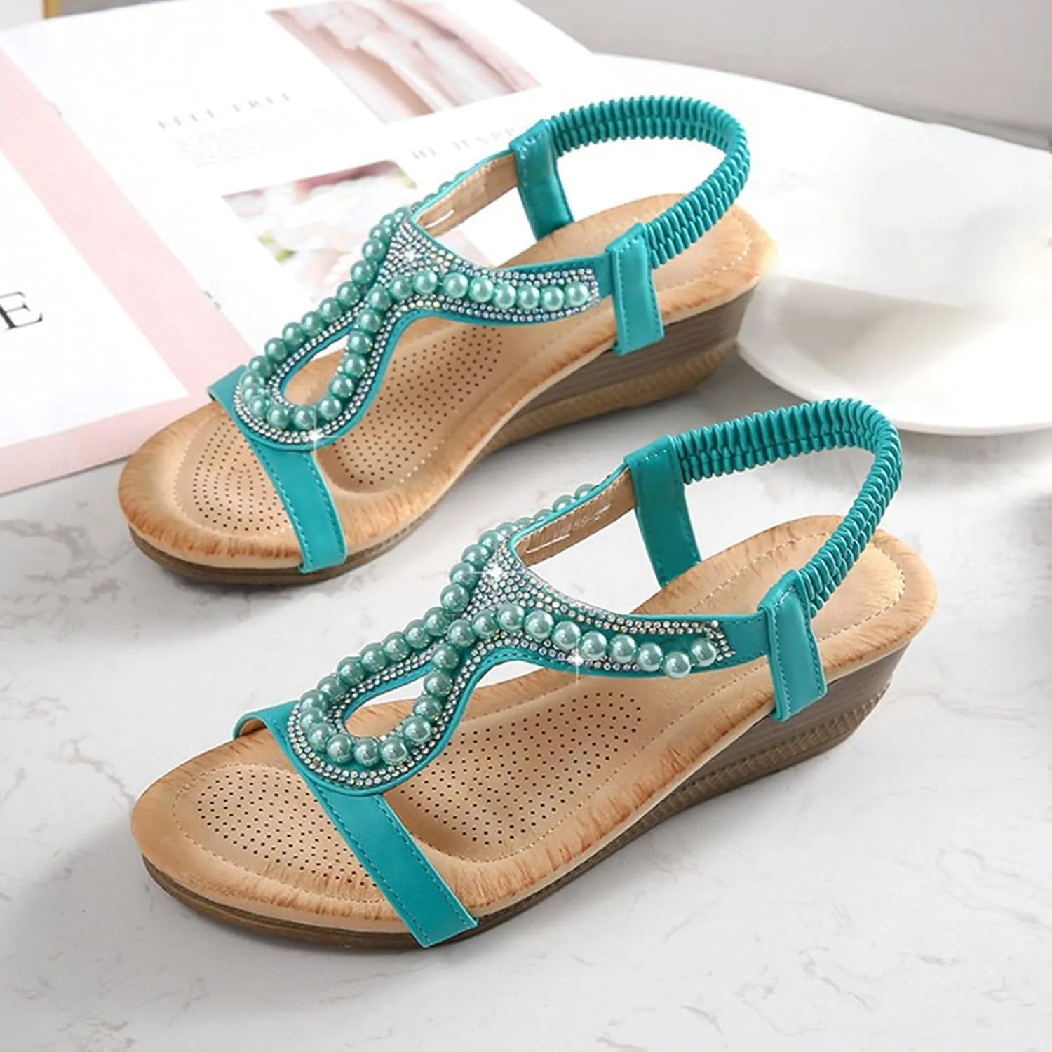 Women's Sandals Summer Pearl Bohemia Wedge Sandals Retro Ethnic Open Toe T-Strap Beach Pumps Slingback Dress Shoes