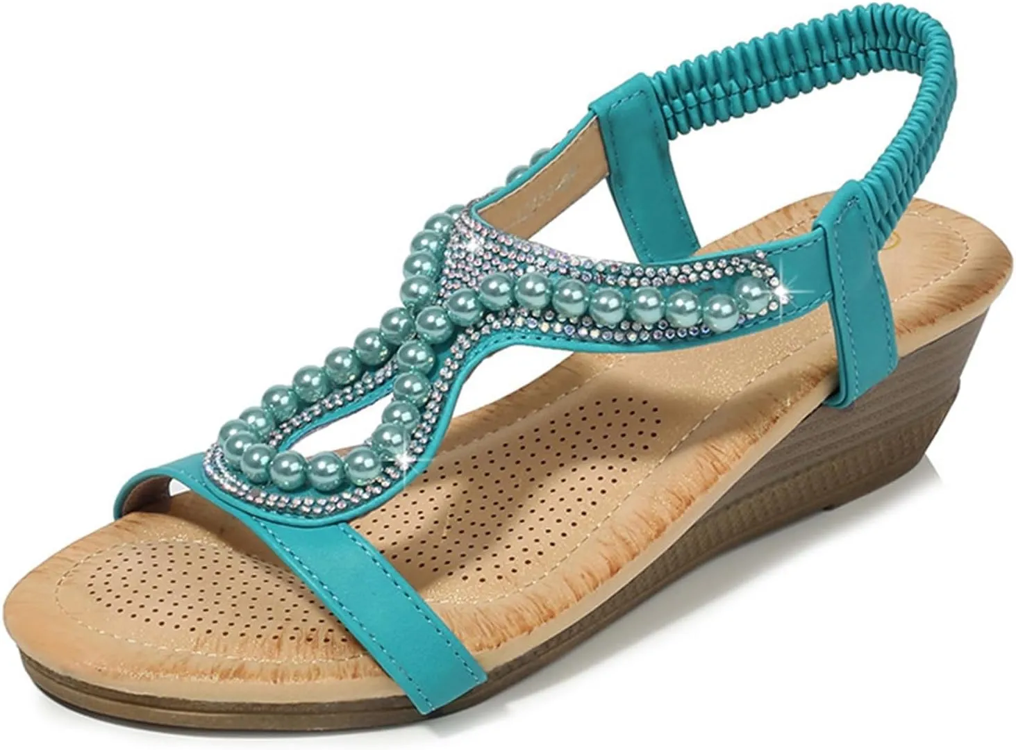 Women's Sandals Summer Pearl Bohemia Wedge Sandals Retro Ethnic Open Toe T-Strap Beach Pumps Slingback Dress Shoes