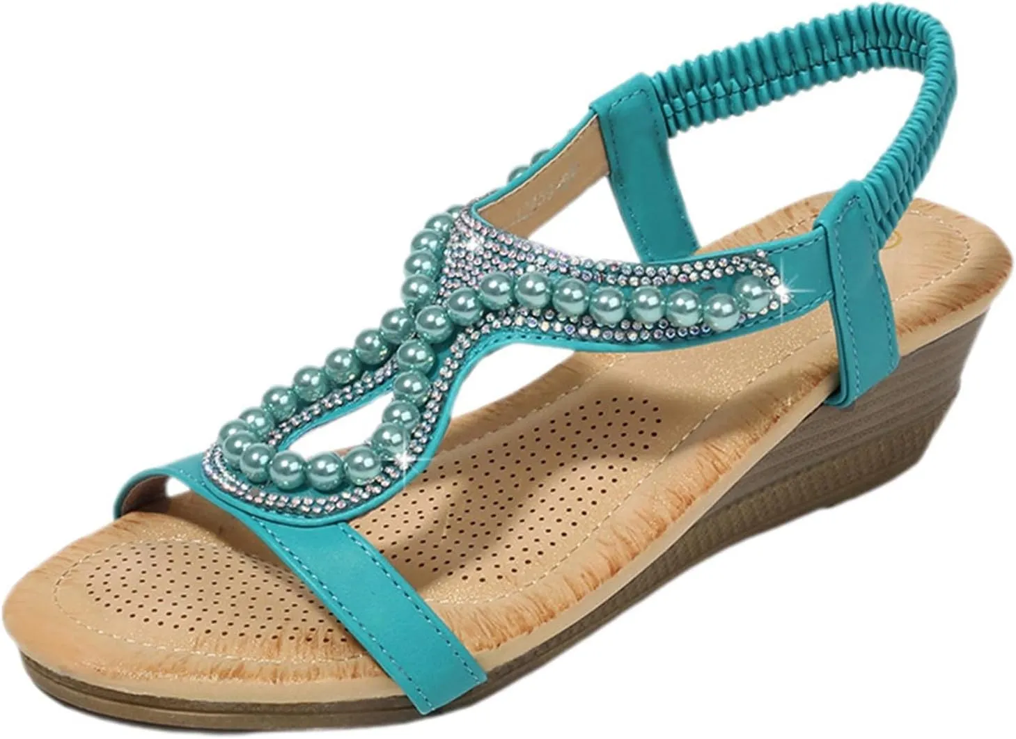 Women's Sandals Summer Pearl Bohemia Wedge Sandals Retro Ethnic Open Toe T-Strap Beach Pumps Slingback Dress Shoes