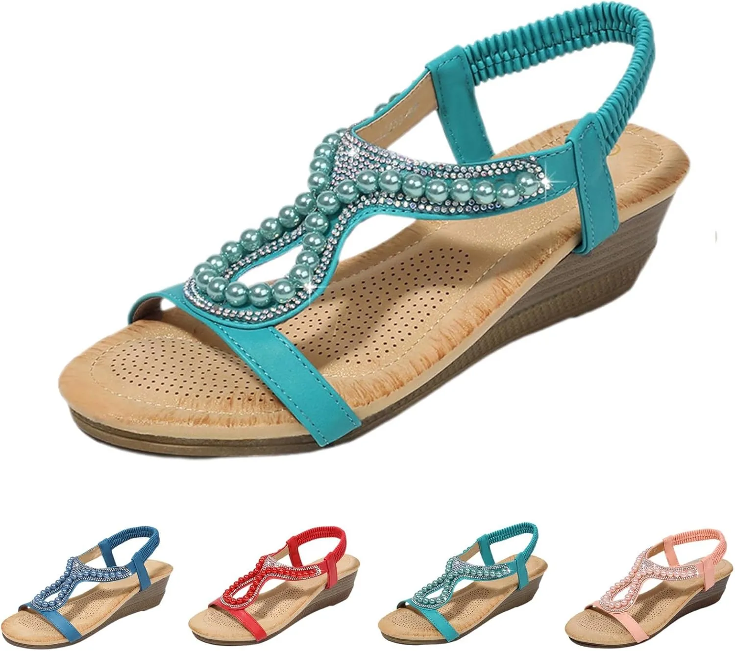 Women's Sandals Summer Pearl Bohemia Wedge Sandals Retro Ethnic Open Toe T-Strap Beach Pumps Slingback Dress Shoes