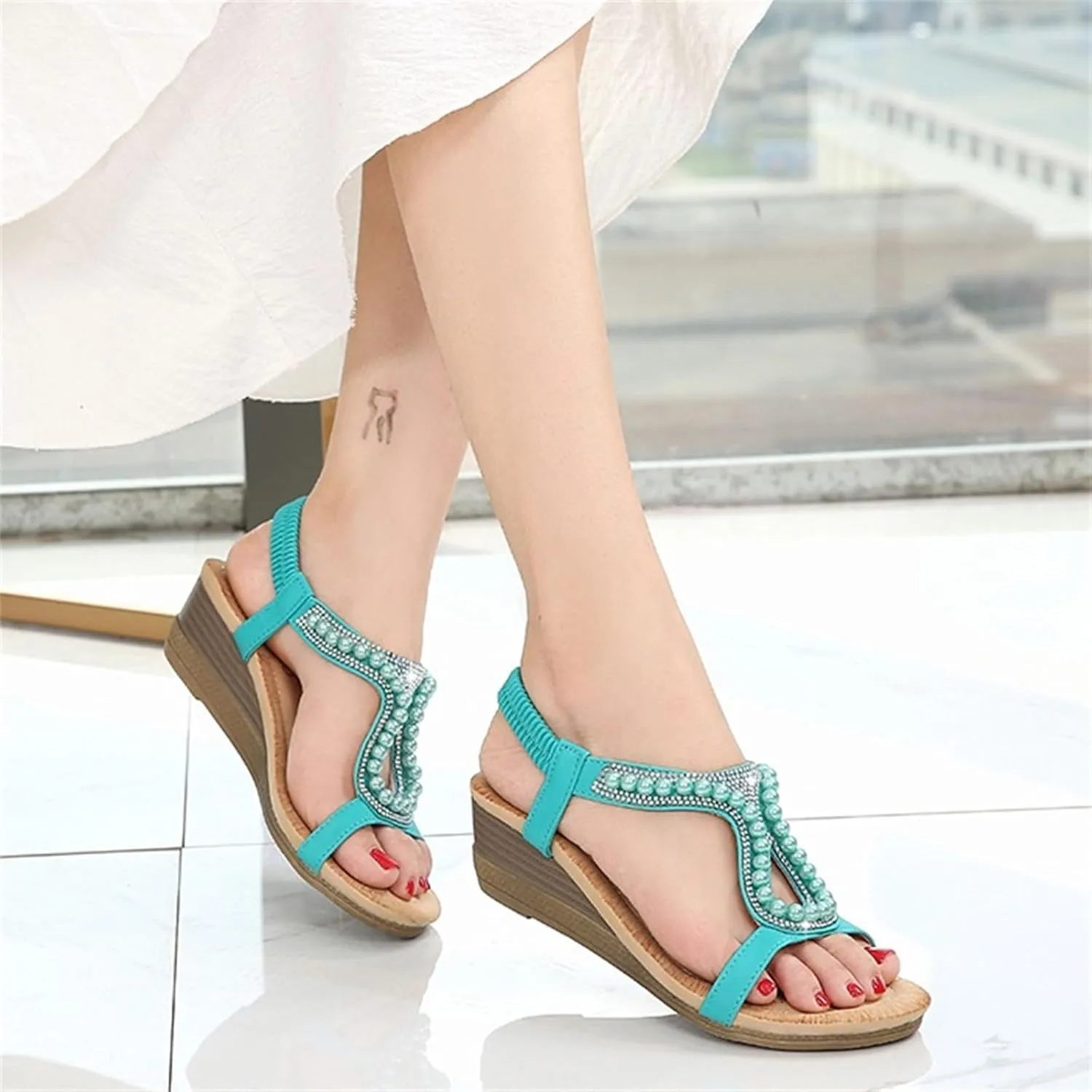Women's Sandals Summer Pearl Bohemia Wedge Sandals Retro Ethnic Open Toe T-Strap Beach Pumps Slingback Dress Shoes