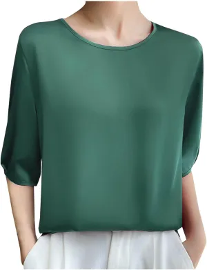 Women's Satin Blouse Dressy Casual 3/4 Sleeve Silk Tops Crewneck Formal Business Office Work Shirt Tee Cute Tshirt
