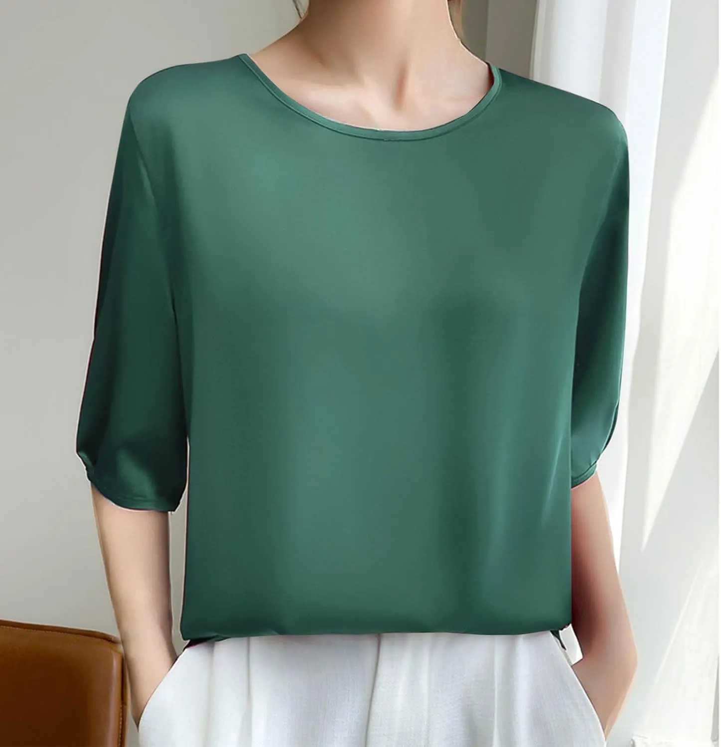 Women's Satin Blouse Dressy Casual 3/4 Sleeve Silk Tops Crewneck Formal Business Office Work Shirt Tee Cute Tshirt