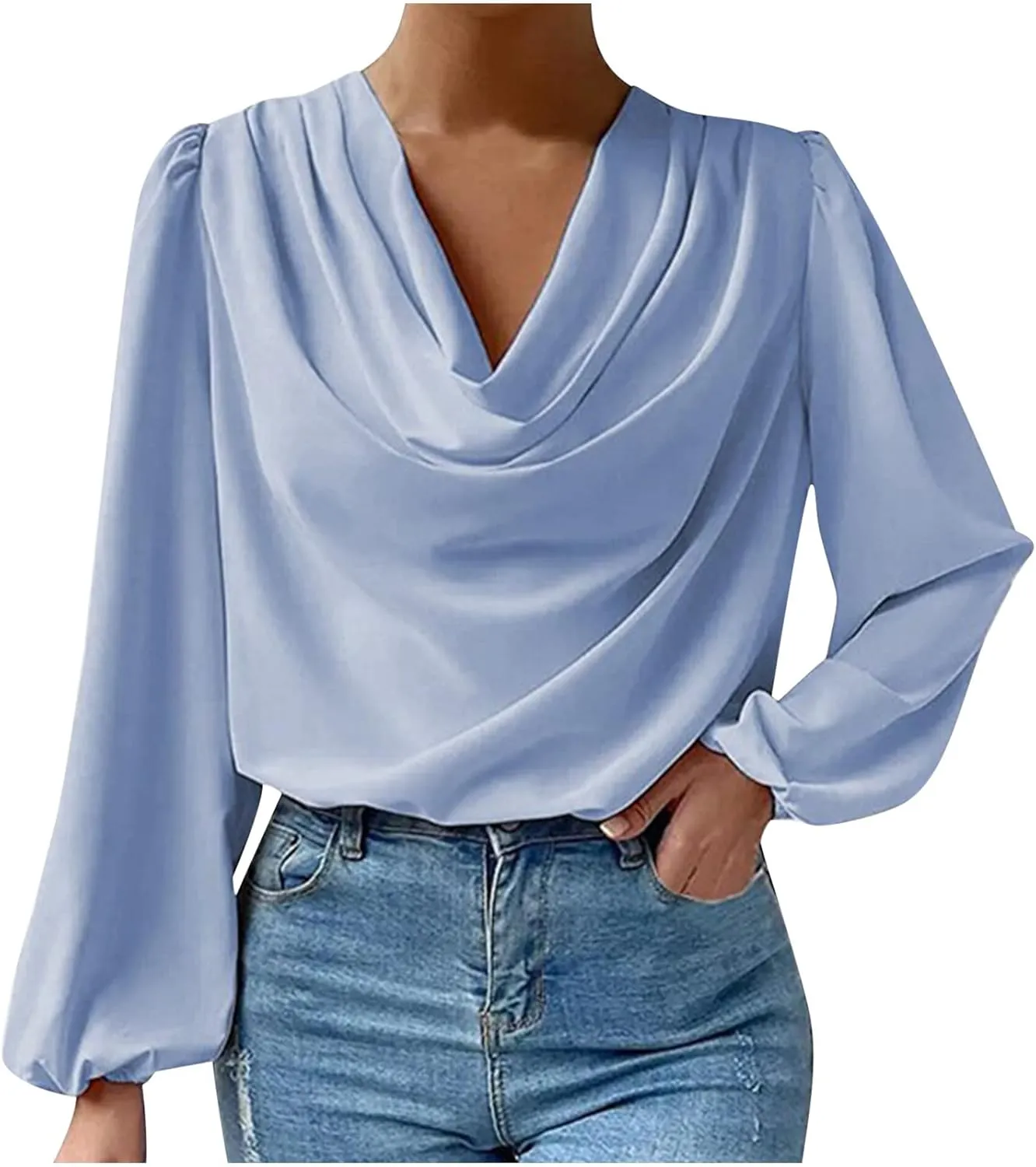 Women's Satin Silk Draped Cowl Neck Ruched Long Sleeve Tops Dressy Casual Fashion Trendy Comfy Shirt Fall 2024