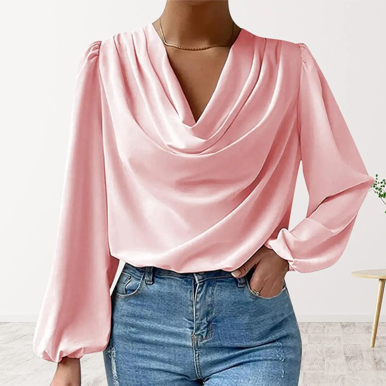 Women's Satin Silk Draped Cowl Neck Ruched Long Sleeve Tops Dressy Casual Fashion Trendy Comfy Shirt Fall 2024