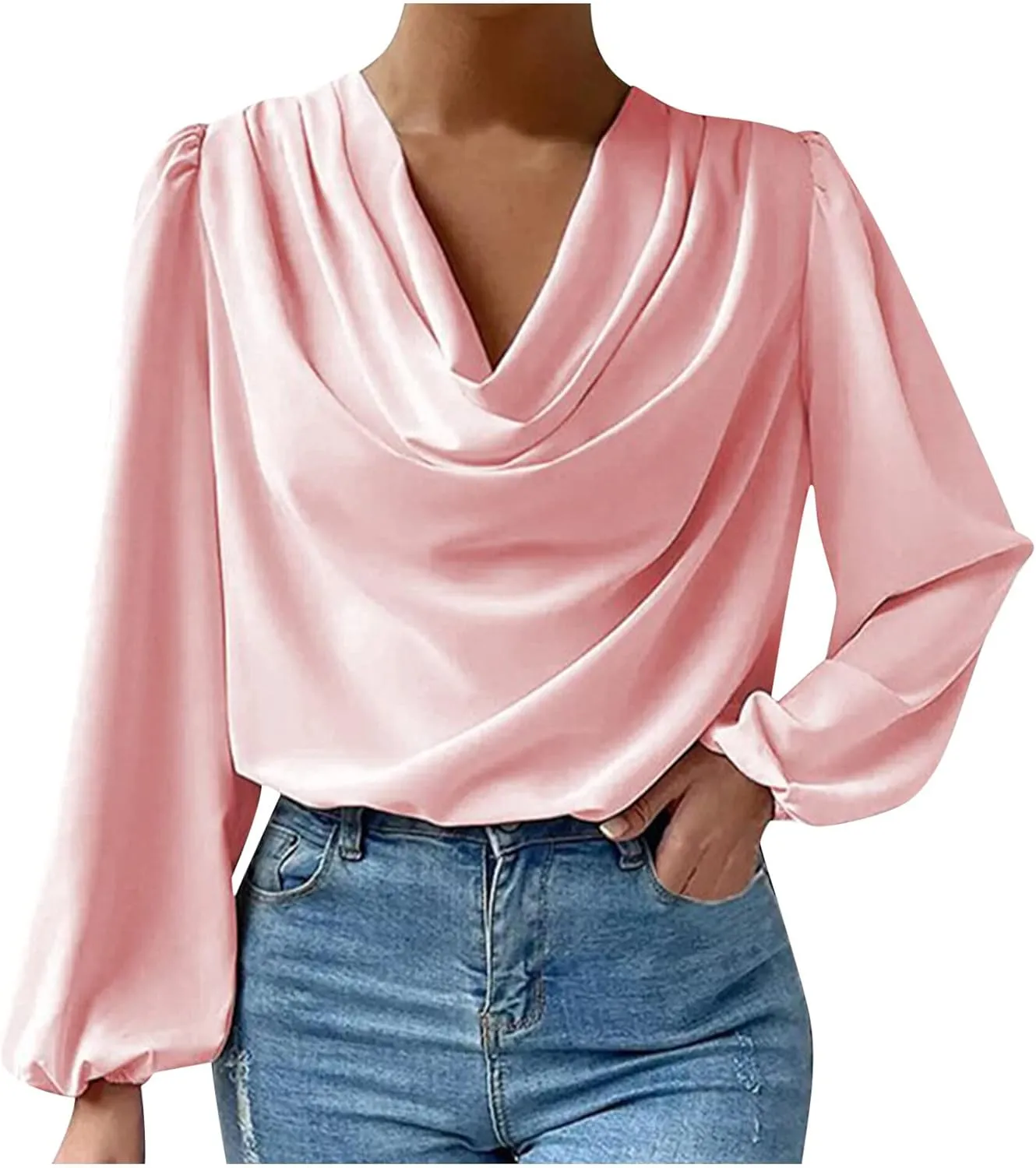 Women's Satin Silk Draped Cowl Neck Ruched Long Sleeve Tops Dressy Casual Fashion Trendy Comfy Shirt Fall 2024