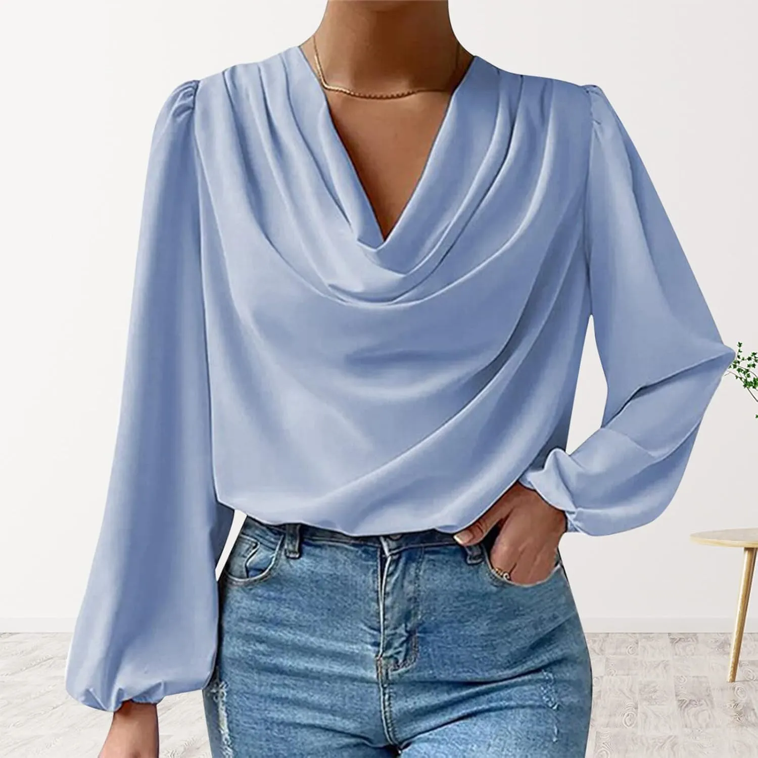 Women's Satin Silk Draped Cowl Neck Ruched Long Sleeve Tops Dressy Casual Fashion Trendy Comfy Shirt Fall 2024