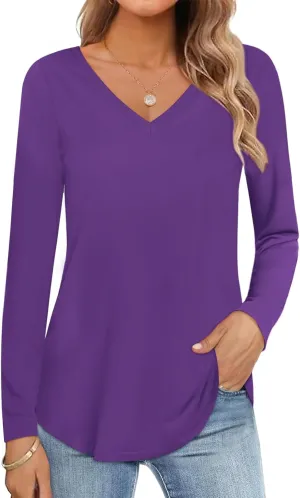 Womens Shirt Long Sleeve V Neck T-Shirt Cotton Tops Basic Tees