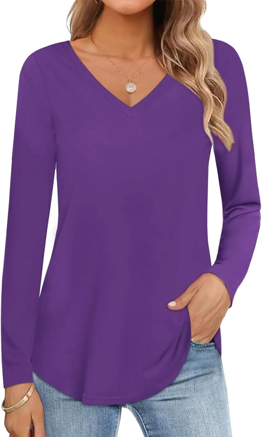 Womens Shirt Long Sleeve V Neck T-Shirt Cotton Tops Basic Tees