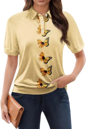 Womens Shirts Casual Short Sleeve Summer Tops Trendy Floral Print Blouses Lapel Collared Work Outfits
