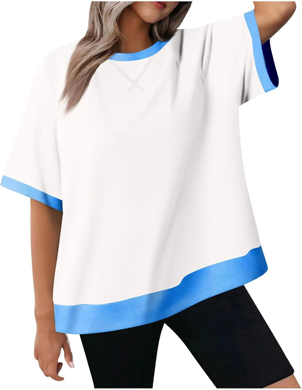 Womens Short Sleeve Summer Tops 2025 Dressy Crew Neck Color Block Tshirts Loose Fit Tunic Blouses T Shirt