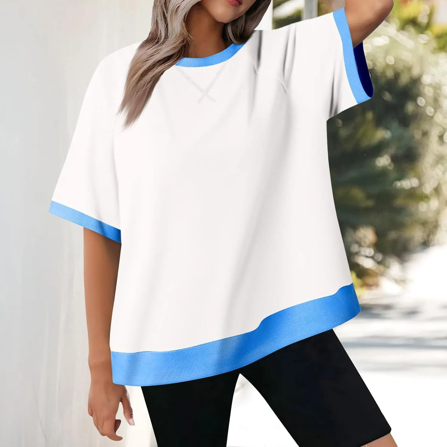 Womens Short Sleeve Summer Tops 2025 Dressy Crew Neck Color Block Tshirts Loose Fit Tunic Blouses T Shirt