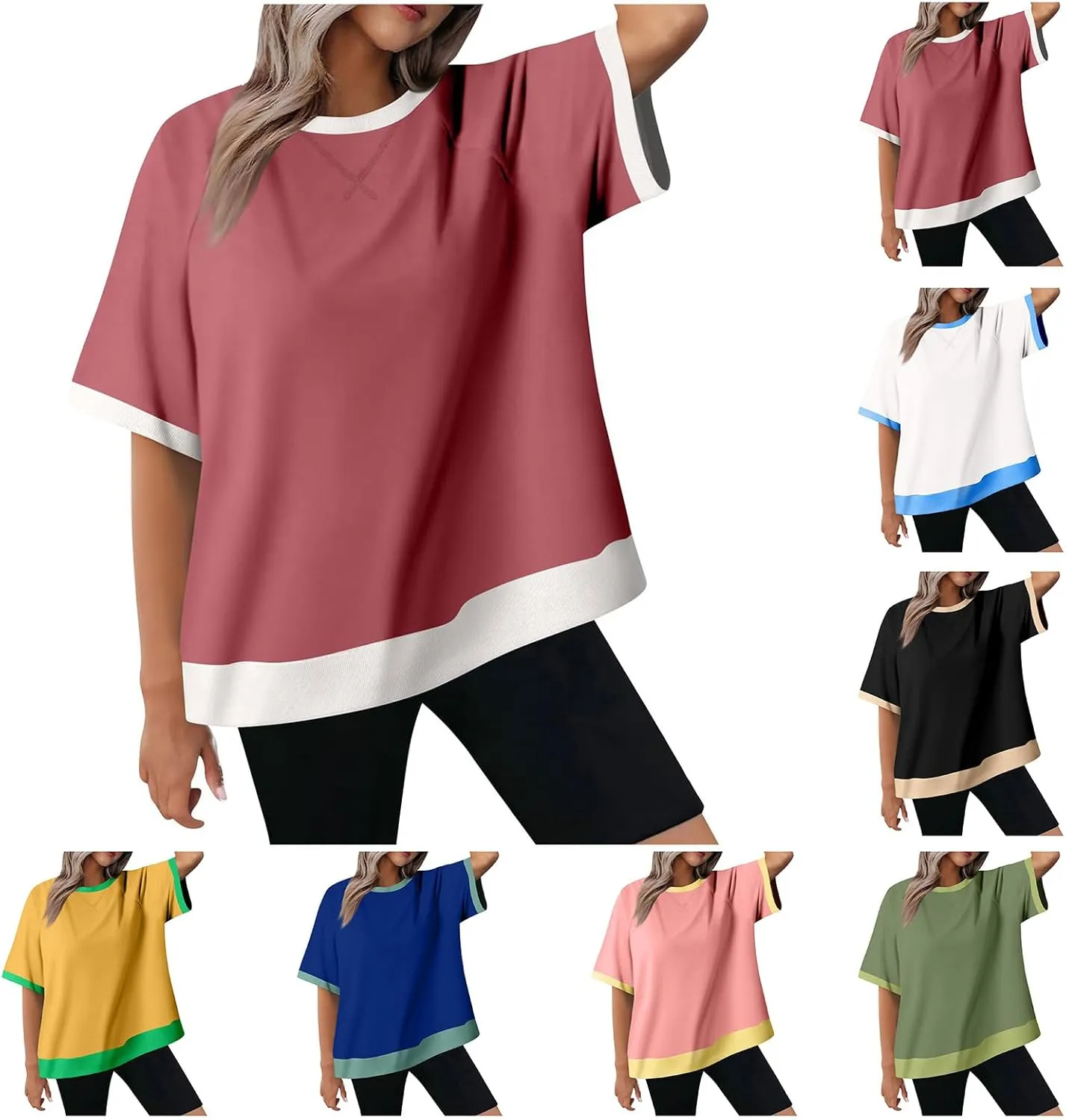 Womens Short Sleeve Summer Tops 2025 Dressy Crew Neck Color Block Tshirts Loose Fit Tunic Blouses T Shirt