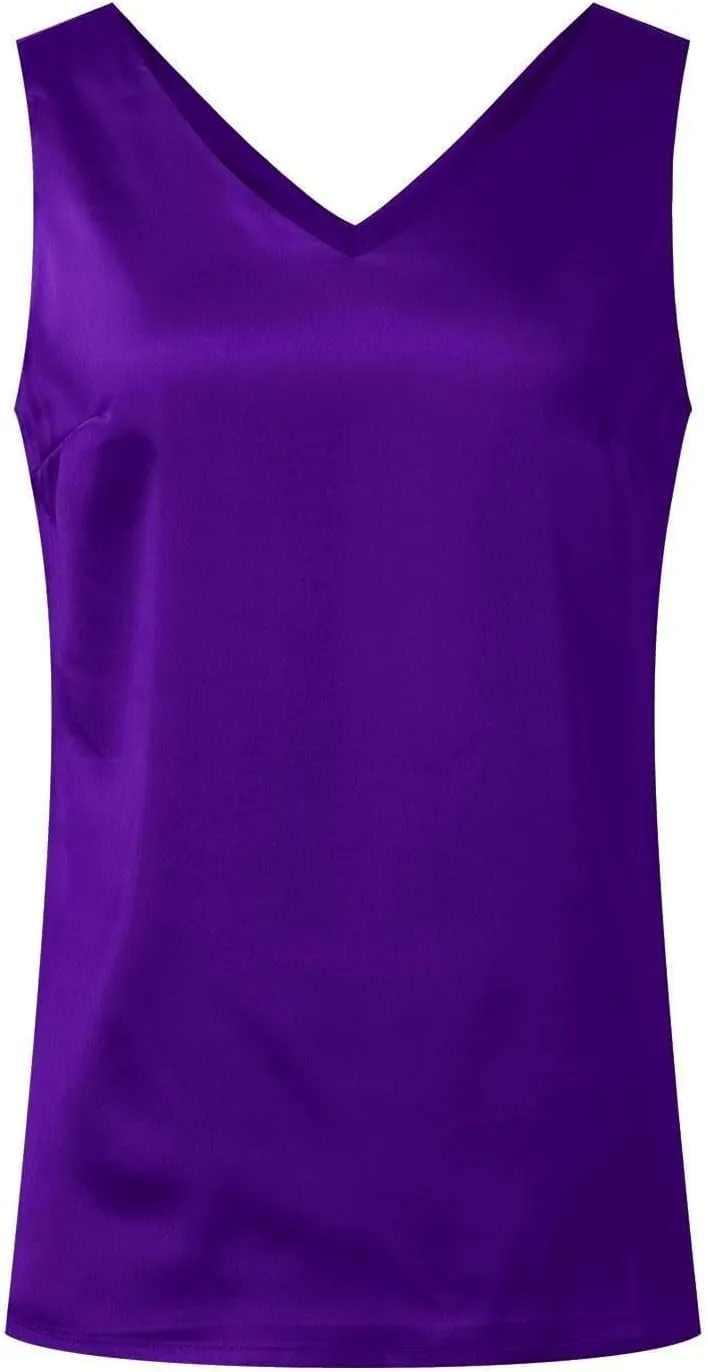 Womens Silk Satin Tank Tops V Neck Casual Solid Sexy Sleeveless Cami Camisole Blouses Summer Basic Work Shirt