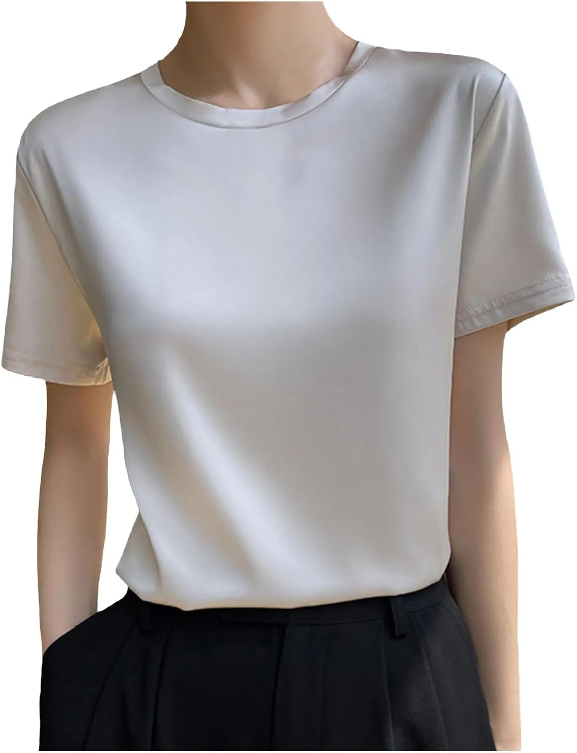 Women's Silk Satin Tops Crewneck Short Sleeve Tee Shirt Casual Party Tee Shirt