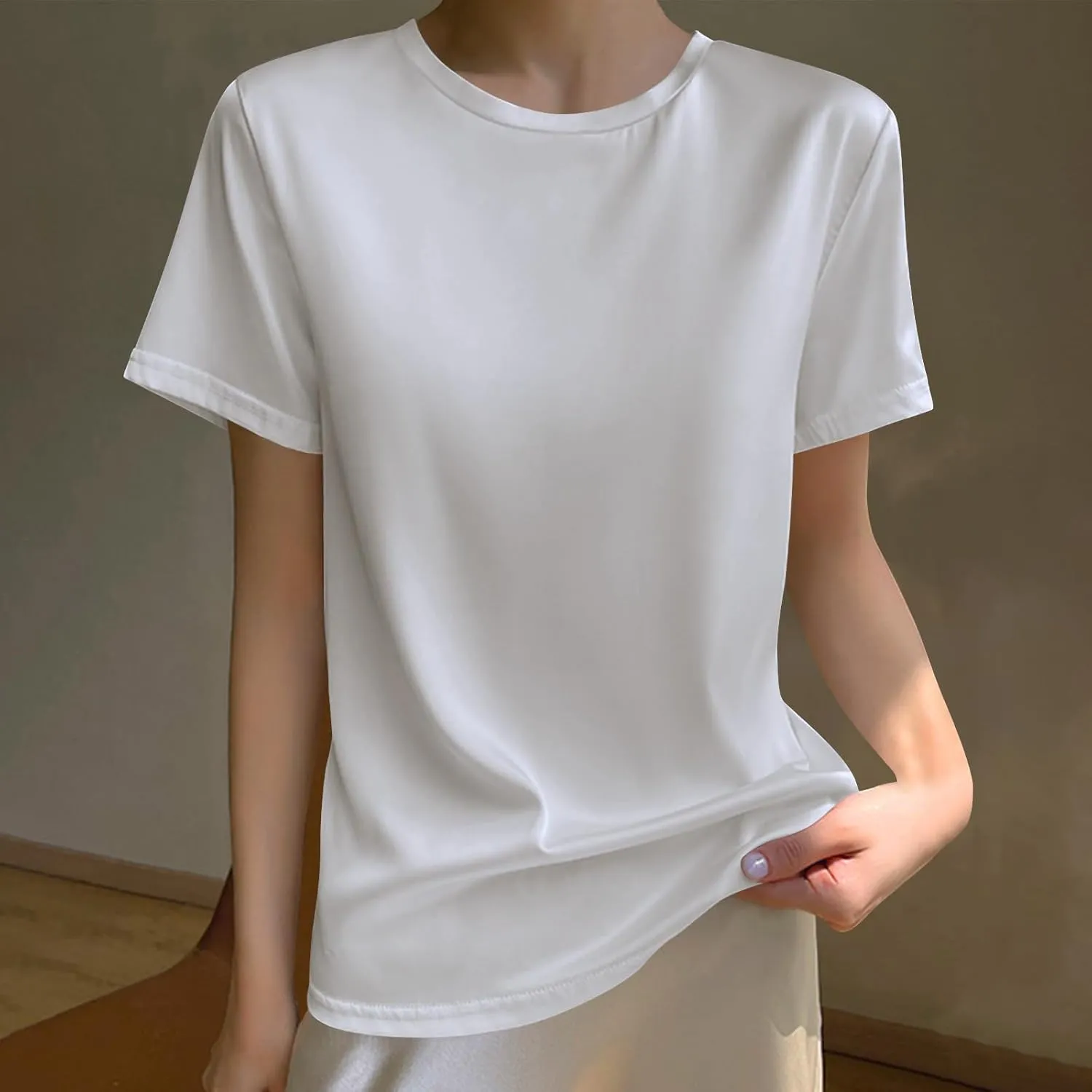 Women's Silk Satin Tops Crewneck Short Sleeve Tee Shirt Casual Party Tee Shirt