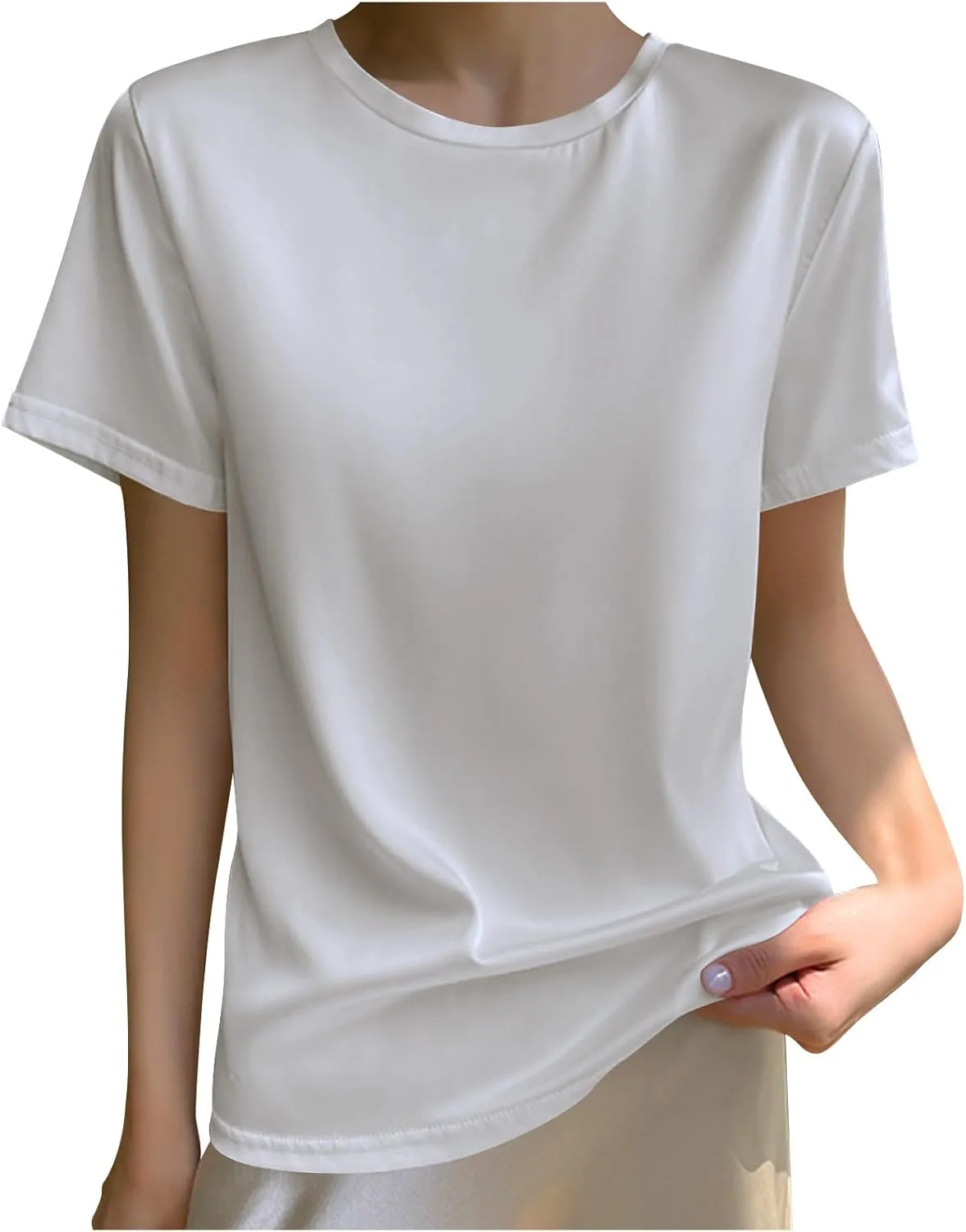 Women's Silk Satin Tops Crewneck Short Sleeve Tee Shirt Casual Party Tee Shirt